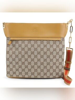 Gucci GG Web Crossbody Bag Monogram Canvas with Tan Leather Trim
